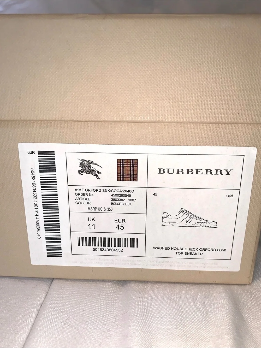 Burberry Nova Check Low Top Sneakers Suede Canvas Tan Brown Plaid Size 45/12